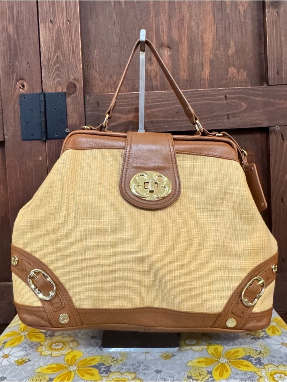 Emma Fox Straw Satchel with Tan Leather Trim and Gold Hardware - Picture 1 of 5